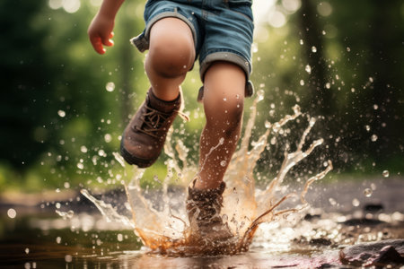 Toddler child jumping in a a puddle on sunny summer evening in city park. Child exploring nature. Fun spring activities for small kids. Generative AI.の素材