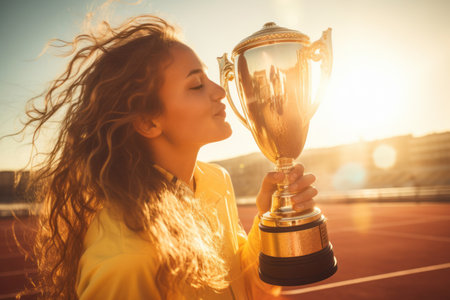 Beautiful female athlete holding her trophy after winning a competition. Young woman celebrating the victory under glittery confetti. Generative AI.の素材