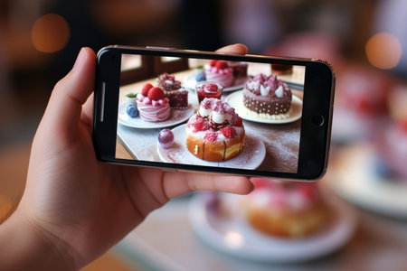 Close-up on woman hands taking photo of a dessert. Food photography with smart phone. Social media photography. Generative AI.の素材