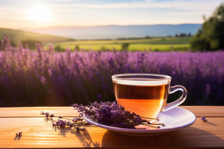 Cup of fresh healthy lavender tea on a wooden table on sunny morning. Lavender tea poured into clear glass cup. Herbal medicine. Generative AI.の素材
