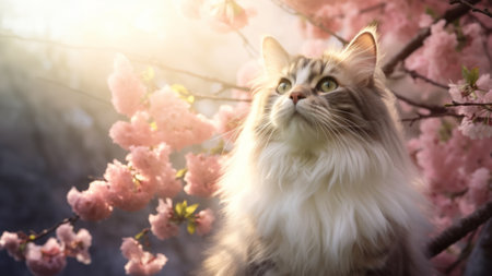 Friendly happy cat playing in a blossoming pink cherry tree garden on spring day. Walking a pet outdoors. Generative AI.の素材