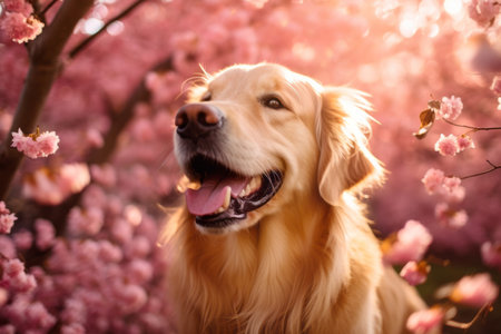 Friendly happy dog playing in a blossoming pink cherry tree garden on spring day. Walking a dog outdoors. Generative AI.の素材