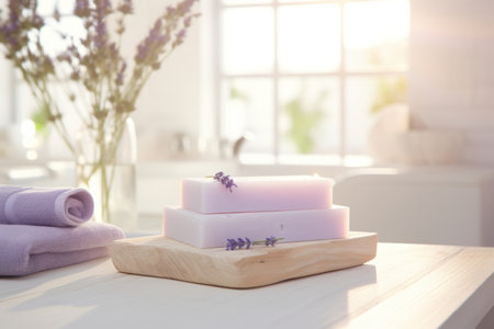 Handmade pastel purple lavender soap in white sunny bathroom. Home made spa, skincare and cosmetology concept. Generative AI.の素材