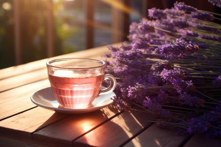 Cup of fresh healthy lavender tea on a wooden table on sunny morning. Lavender tea poured into clear glass cup. Herbal medicine. Generative AI.の素材