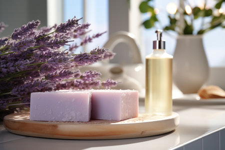 Handmade pastel purple lavender soap in white sunny bathroom. Home made spa, skincare and cosmetology concept. Generative AI.の素材