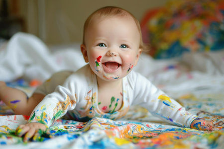 Cute cheerful baby playing with finger paints. Little infant painting on white background. Creative leisure for babies. Generative AI.の素材