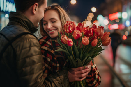 Young man giving colorful flowers bouquet to a young woman on their first date. Young couple celebrating Valentine's Day. Boyfriend and girlfriend spending time together outdoors. Generative AI.の素材