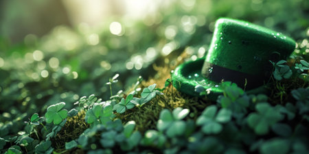 Green background with four-leaf clovers and green hat. St. Patrick's banner with Irish shamrocks and copy space. Celebrating St. Patrick's Day in Ireland. Generative AI.の素材