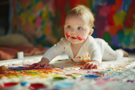 Cute cheerful baby playing with finger paints. Little infant painting on white background. Creative leisure for babies. Generative AI.の素材