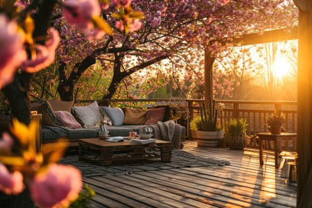 Cozy wooden terrace with rustic wooden furniture, soft pillows and blankets. Charming sunny evening in spring garden with blossoming trees. Generative AI.の素材