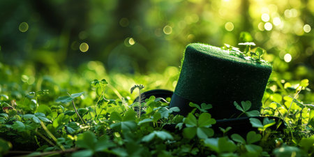 Green background with four-leaf clovers and green hat. St. Patrick's banner with Irish shamrocks and copy space. Celebrating St. Patrick's Day in Ireland. Generative AI.の素材