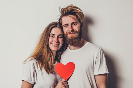 Portrait of beautiful cheerful couple holding two red paper hearts on solid background. Celebrating Valentine's day. Generative AI.の素材
