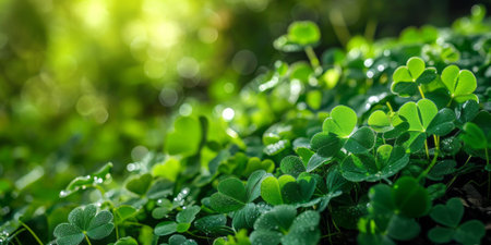 Green background with four-leaf clovers. St. Patrick's banner with Irish shamrocks and copy space. Celebrating St. Patrick's Day in Ireland. Generative AI.の素材