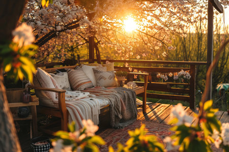 Cozy wooden terrace with rustic wooden furniture, soft pillows and blankets. Charming sunny evening in spring garden with blossoming trees. Generative AI.の素材