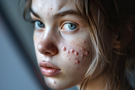 Teenage girl with her face covered in acne. Teen with inflamed irritated skin looking into mirror. Young woman dealing with pimples. Generative AI.の素材