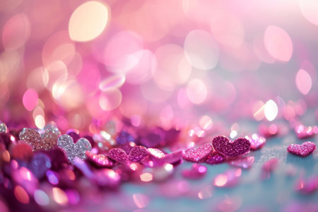 Valentine's day background with pink and red hearts, confetti and glittery particles. Generative AI.の素材