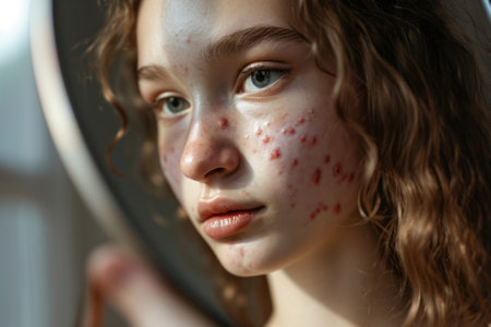 Teenage girl with her face covered in acne. Teen with inflamed irritated skin looking into mirror. Young woman dealing with pimples. Generative AI.の素材