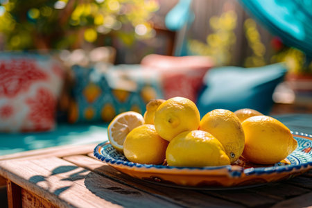 Colorful plate of fresh ripe lemons on a table on cozy wooden terrace with rustic wooden furniture, soft colorful pillows and blankets, and flower pots. Sunny evening in summer garden. Generative AI.の素材