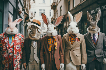 Funny Easter bunnies wearing fancy hipster clothes and sunglasses walking in the city. Rabbits dresses as people in pastel colored outfits celebrating Easter in town. Generative AI.の素材