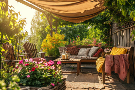 Cozy wooden terrace with rustic wooden furniture, soft colorful pillows and blankets, sunshade and flower pots. Charming sunny evening in summer garden. Generative AI.の素材