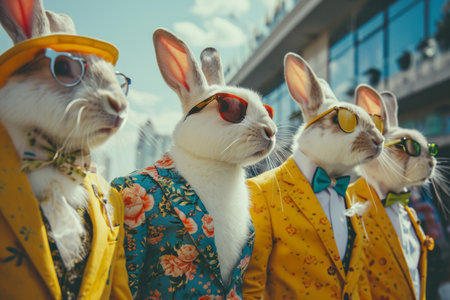 Funny Easter bunnies wearing fancy hipster clothes and sunglasses walking in the city. Rabbits dresses as people in pastel colored outfits celebrating Easter in town. Generative AI.の素材