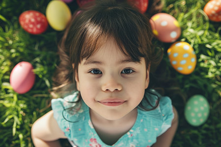Top down view of cute child playing Easter egg hunt on sunny spring day. Kid collecting chocolate eggs in a garden. Easter traditions. Generative AI.の素材