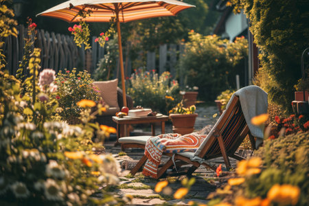 Cozy wooden terrace with rustic wooden furniture, soft colorful pillows and blankets, sunshade and flower pots. Charming sunny evening in summer garden. Generative AI.の素材