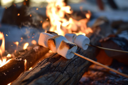 Roasting marshmallows on stick at bonfire. Having fun at camp fire. Camping in fall forest. Generative AI.の素材