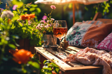 Glass of pink wine on a table on cozy wooden terrace with rustic wooden furniture, soft colorful pillows and blankets, and flower pots. Charming sunny evening in summer garden. Generative AI.の素材