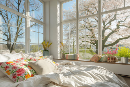 Cozy home interior with bed, soft blankets and pillows, with blossoming cherry branches outdoors on sunny spring day. Spring home decor. Easter. Generative AI.の素材