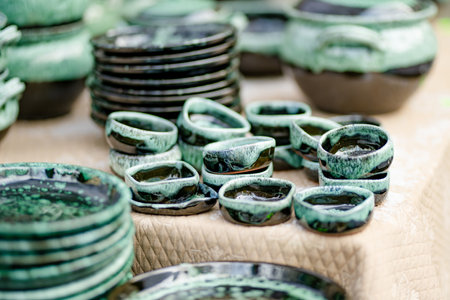 Ceramic dishes, tableware and jugs sold on Easter market in Vilnius. Lithuanian capital's annual...