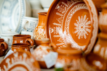 Ceramic dishes, tableware and jugs sold on Easter market in Vilnius. Lithuanian capital's annual traditional crafts fair is held every March on Old Town streets.の写真素材