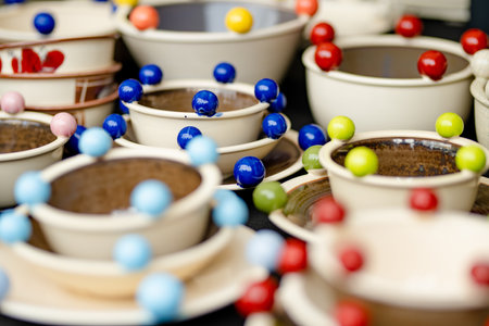 Ceramic dishes, tableware and jugs sold on Easter market in Vilnius. Lithuanian capital's annual...