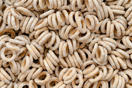 Loaves of organic bagels for sale at outdoor farmers market in Vilnius. Traditional spring fair in Vilnius, the capital of Lithuania.の写真素材