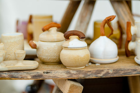 Ceramic dishes, tableware and jugs sold on Easter market in Vilnius. Lithuanian capital's annual traditional crafts fair is held every March on Old Town streets.の写真素材