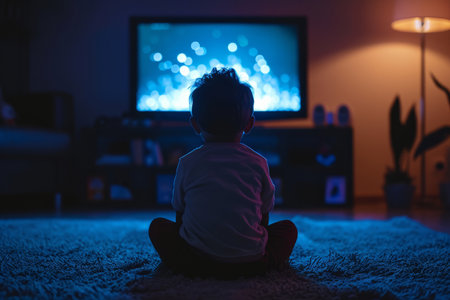 Back view of a little boy sitting in front of tv. Child watching television in dark living room. Films and movies for family. Appropriate content for kids. Generative AI.の素材