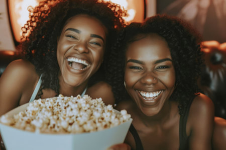 Two cheerful female friends watching a tv film at home. Two black women eating popcorn with happy expressions on their faces. Having a movie night. Generative AI.の素材
