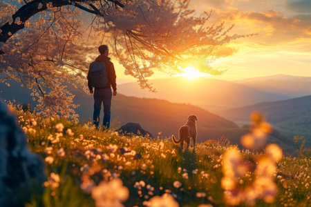 Male hiker and his pet dog admiring a scenic view in flowering meadow at spring. Adventurous young man with his dog friend. Hiking and trekking on a nature trail. Traveling by foot. Generative AI.の素材