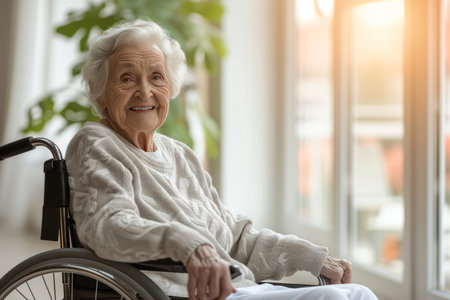 Cheerful old woman in a retirement home. Senior lady in a wheelchair laughing happily in a nursing home. Housing facility intended for the elderly people. Generative AI.の素材