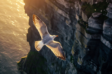 Seagulls flying above rough sea cliffs in scenic Irish landscape. Wild birds of west coast of Ireland, dramatic sunset. Generative AI.の素材