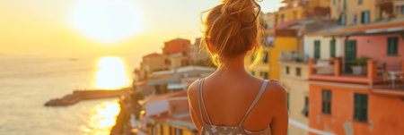 Back view of beautiful young woman admiring scenery while visiting small southern European town on sunny summer day. Banner with young female travelling alone. Generative AI.の素材