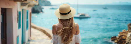 Back view of beautiful young woman admiring scenery while visiting small southern European town on sunny summer day. Banner with young female travelling alone. Generative AI.の素材