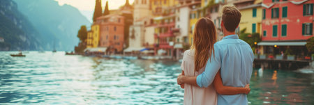 Back view of beautiful young couple admiring scenery while visiting small southern European town on sunny summer day. Banner with young man and woman travelling. Generative AI.の素材