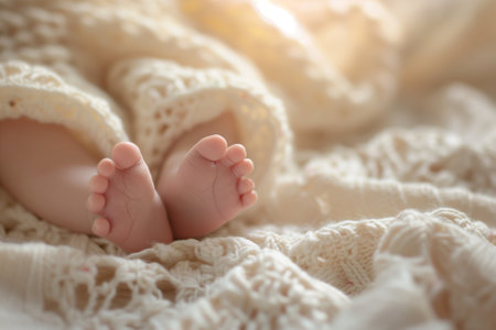 Newborn baby feet on knitted white blanket on sunny morning. Generative AI.の素材