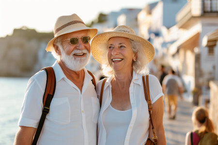 Beautiful senior couple having fun while visiting small Italian town on sunny summer day. Elderly man and woman posing on city street. Generative AI.の素材
