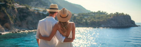 Back view of beautiful young couple admiring scenery while visiting small southern European town on sunny summer day. Banner with young man and woman travelling. Generative AI.の素材