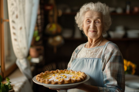 Happy cheerful senior woman holding freshly baked pie on her sunny kitchen. Grandma baking desserts for her grandchildren. Generative AI.の素材