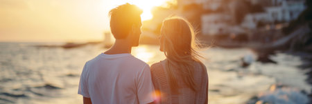 Back view of beautiful young couple admiring scenery while visiting small southern European town on sunny summer day. Banner with young man and woman travelling. Generative AI.の素材