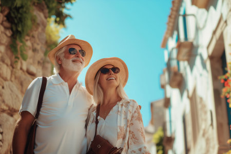 Beautiful senior couple having fun while visiting small Italian town on sunny summer day. Elderly man and woman posing on city street. Generative AI.の素材