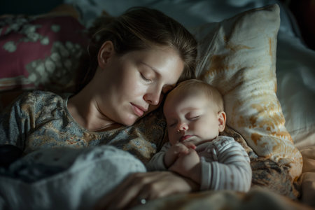 Young mother co-sleeping in bed with her newborn baby. New mom struggling with feeding a baby at night. Mental health issues in parents of young babies. Generative AI.の素材